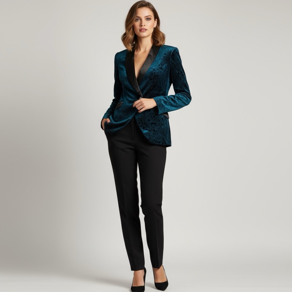 Iijin Paisley Velvet One Button Tuxedo Teal With Black Lapels  S jacket blazer